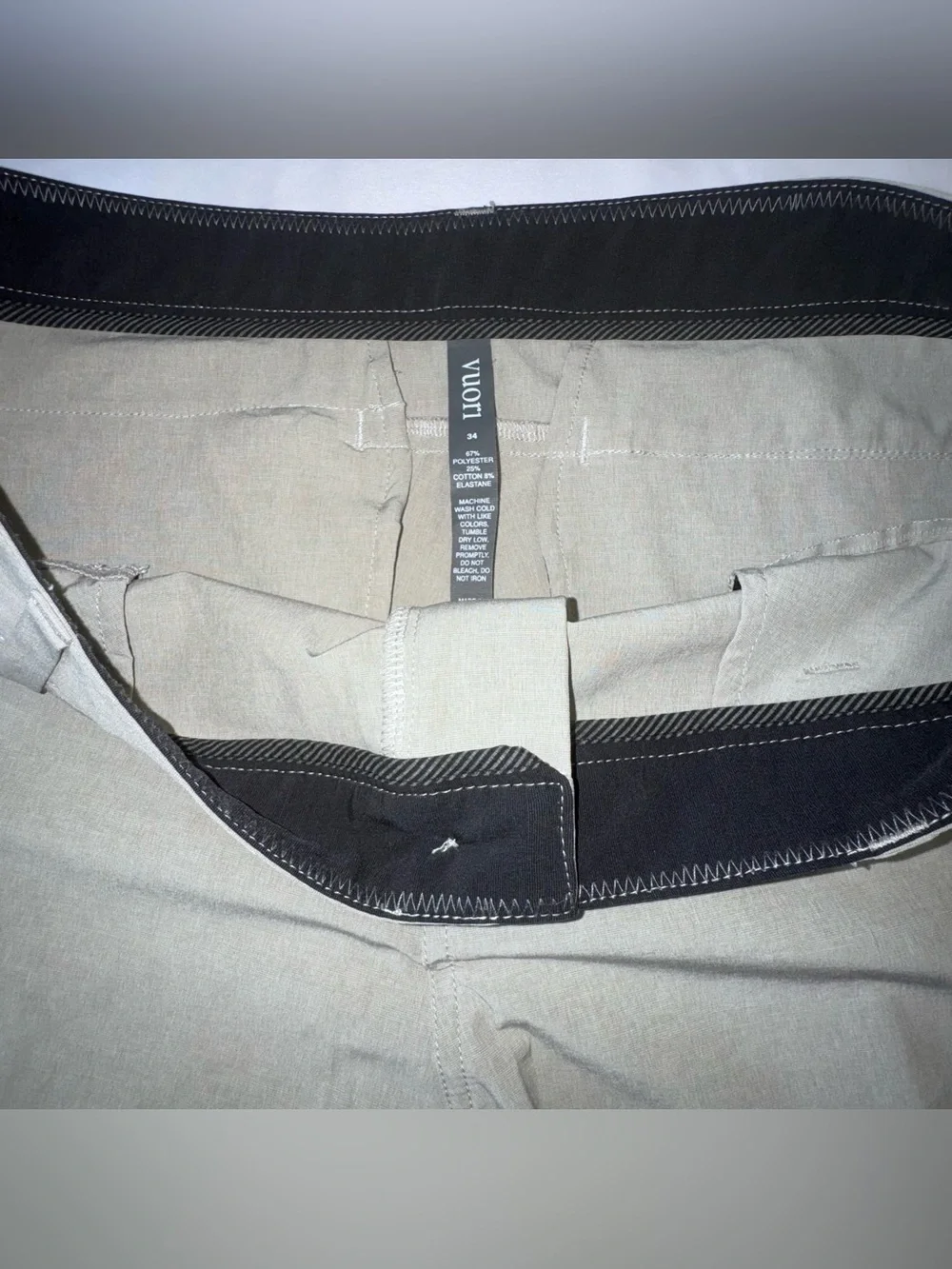 Vuori Aim Short Men’s size 34 with 8” inseam Khaki Performance Stretch